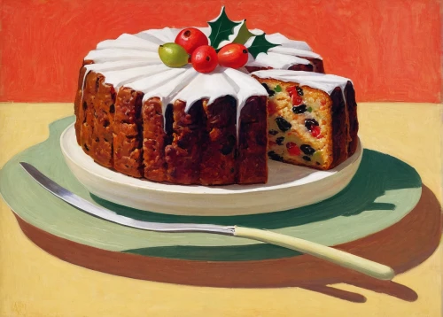 fruit cake,mixed fruit cake,christmas cake,carrot cake,christmas pudding,panettone,fruitcake,rum cake,bara brith,citrus bundt cake,orange cake,cassata,no fruitcake,pepper cake,red cake,plum cake,slice of cake,currant cake,lardy cake,citrus cake,Illustration,Retro,Retro 09