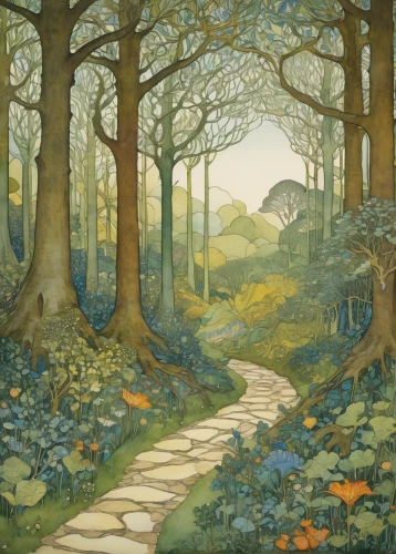forest path,pathway,forest landscape,brook landscape,forest road,druid grove,forest glade,towards the garden,hiking path,bell glade,fairy forest,wooden path,woodland,mushroom landscape,the mystical path,tommie crocus,the path,jrr tolkien,hollow way,tree lined path,Illustration,Retro,Retro 23