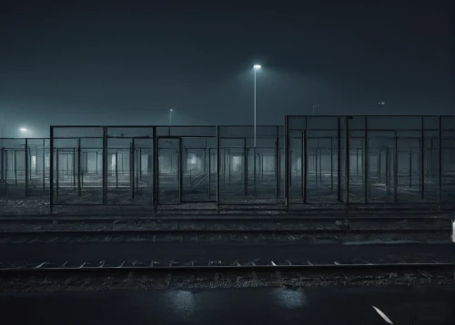 prison fence,unfenced,dense fog,prison,street lamps,urban landscape,night photography,street lights,streetlight,ground fog,chain-link fencing,industrial landscape,street light,fog,fences,pedestrian lights,night highway,fence,streetlamp,street lamp,Photography,Documentary Photography,Documentary Photography 19