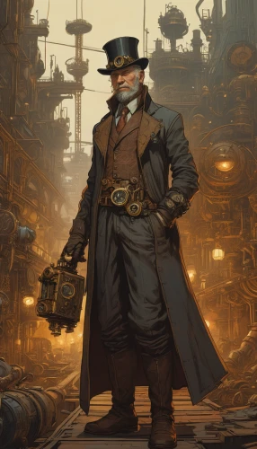 steampunk,admiral von tromp,gunfighter,dodge warlock,prejmer,steampunk gears,frock coat,merchant,imperial coat,pilgrim,rorschach,stovepipe hat,engineer,vendor,clockmaker,apothecary,the wanderer,hatter,theoretician physician,ship doctor,Illustration,Realistic Fantasy,Realistic Fantasy 12