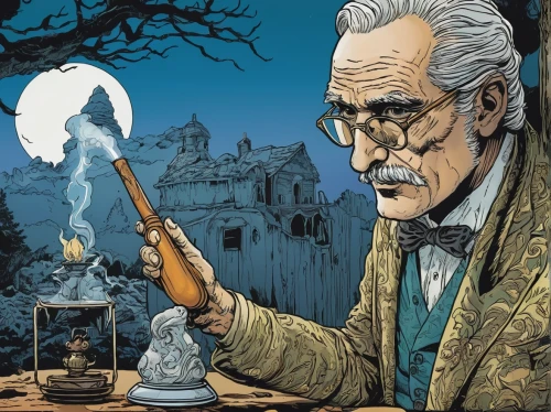 sherlock holmes,absinthe,sci fiction illustration,jrr tolkien,apothecary,candlemaker,book illustration,geppetto,watchmaker,game illustration,clockmaker,theoretician physician,reading magnifying glass,the doctor,tinsmith,magician,baron munchausen,stan lee,ervin hervé-lóránth,holmes,Illustration,American Style,American Style 03