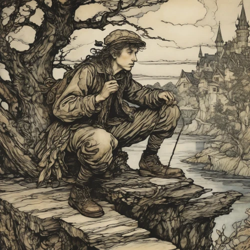 arthur rackham,pilgrim,game illustration,the pied piper of hamelin,hand-drawn illustration,cool woodblock images,vintage illustration,hans christian andersen,jrr tolkien,the wanderer,vintage drawing,advertising figure,kate greenaway,man on a bench,camera illustration,version john the fisherman,farmer in the woods,rifleman,woodsman,book illustration,Illustration,Retro,Retro 25