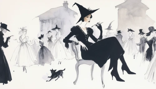 fashion illustration,women silhouettes,witches,witches' hats,celebration of witches,halloween silhouettes,costume design,the carnival of venice,the witch,witch house,sewing silhouettes,halloween illustration,witch,gothic fashion,halloween black cat,witch hat,witches hat,halloween witch,cruella de ville,lady of the night,Art,Artistic Painting,Artistic Painting 24