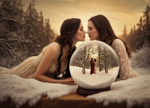 snow globes,crystal ball-photography,snow globe,snowglobes,photo manipulation,conceptual photography,fantasy picture,magic mirror,photomanipulation,girl kiss,mirror reflection,mirror in the meadow,parabolic mirror,romantic scene,crystal ball,romantic portrait,photoshop manipulation,image manipulation,fairytales,parallel worlds,Photography,Artistic Photography,Artistic Photography 14