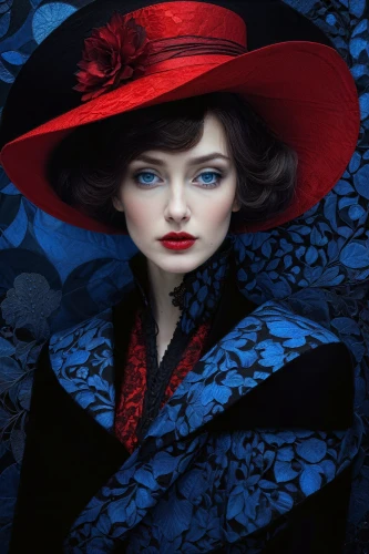 victorian lady,black hat,fashion illustration,the carnival of venice,gothic portrait,the hat of the woman,gothic fashion,queen of hearts,red hat,mazarine blue,blue rose,red coat,lady of the night,gothic woman,lady in red,red rose,mazarine blue butterfly,red poppy,fashion vector,black rose