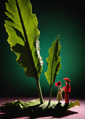 giant rhubarb,miniature figures,jack-in-the-pulpit,jazz frog garden ornament,leaf vegetable,swiss chard,rhubarb,paper art,trumpet creepers,conceptual photography,plant and roots,gardener,digital compositing,3d figure,red leaf,little red riding hood,fallen acorn,forager,miniature figure,titan arum,Unique,3D,Toy