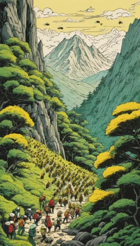 mountain scene,cool woodblock images,alpine pastures,yellow mountains,japanese mountains,forest workers,goatherd,the landscape of the mountains,mountainous landscape,japanese alps,pilgrims,the pied piper of hamelin,japan landscape,hikers,yamada's rice fields,mountain landscape,the valley of flowers,noboribetsu hell valley,woodblock prints,rice terrace,Illustration,Japanese style,Japanese Style 11