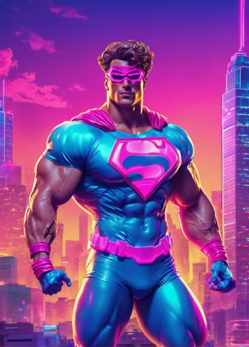 superhero background,super cell,muscle man,super hero,superman,neon body painting,3d man,neon human resources,superhero,super man,steel man,80's design,cyber glasses,electro,man in pink,80s,superhero comic,supervillain,game illustration,ultraviolet,Conceptual Art,Sci-Fi,Sci-Fi 28