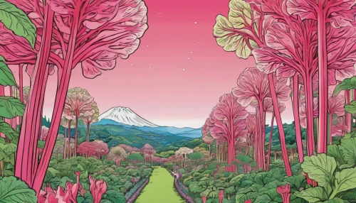 tulip field,pink grass,vegetable field,tulip fields,blooming field,rhubarb,fruit fields,mushroom landscape,vegetables landscape,tropical bloom,digital illustration,cartoon forest,pink green,botanical line art,arboretum,flower field,ipê-rosa,fairy forest,fairy world,giant rhubarb,Illustration,Japanese style,Japanese Style 04