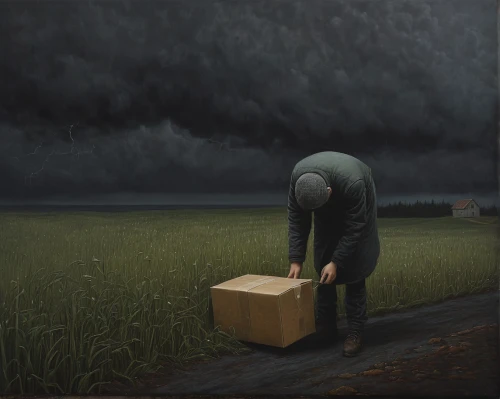 suitcase in field,surrealism,baggage,melancholy,suitcase,isolated,loneliness,grief,sorrow,depression,surrealistic,self-abandonment,solitude,the collector,seller,man with umbrella,to be alone,heavy load,oil painting on canvas,woman thinking,Conceptual Art,Daily,Daily 30