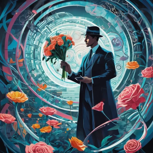 conductor,bond,magician,way of the roses,transistor,sci fiction illustration,biologist,aqueous,blue rose,spy-glass,cosmos,dr. manhattan,fish-surgeon,random access memory,clockwork,watchmaker,pandemic,with a bouquet of flowers,holding flowers,with roses,Conceptual Art,Sci-Fi,Sci-Fi 24
