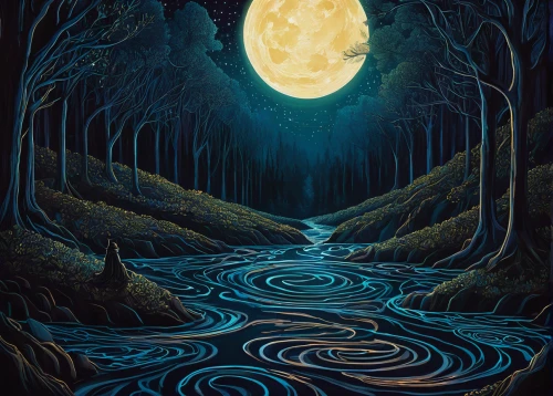 blue moon,the mystical path,moonlit night,swampy landscape,hollow way,moonscape,hanging moon,moonlit,lunar landscape,fantasy art,the night of kupala,forest of dreams,enchanted forest,sci fiction illustration,fantasy picture,phase of the moon,chalk drawing,streams,night scene,flowing creek,Illustration,Realistic Fantasy,Realistic Fantasy 45