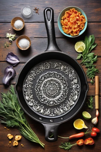 cast iron skillet,ceramic hob,cookware and bakeware,cooktop,tibetan bowl,vegetable pan,cooking book cover,sauté pan,paella,copper cookware,cast iron,cooking pot,ayurveda,nepalese cuisine,cooking utensils,maharashtrian cuisine,stock pot,aromatic herbs,food and cooking,garam masala,Illustration,Retro,Retro 24