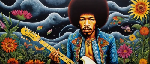 jimi hendrix,jimmy hendrix,psychedelic art,afro american,afro-american,painted guitar,thundercat,afro,sea of flowers,everlasting flowers,groovy,blanket of flowers,keith-albee theatre,field of flowers,guitar player,tapestry,man with saxophone,brook,flower painting,afroamerican,Illustration,Abstract Fantasy,Abstract Fantasy 12