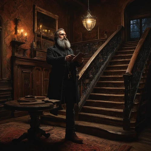 bram stoker,staircase,apothecary,librarian,scholar,victorian,victorian style,johannes brahms,winding staircase,shoemaker,sherlock holmes,bookworm,the victorian era,banister,stairwell,stairway,clockmaker,digital compositing,stairs,candlemaker,Conceptual Art,Oil color,Oil Color 19