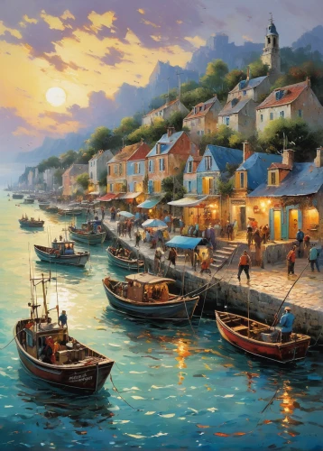 fishing village,fishing boats,harbor,harbour,sea landscape,boat landscape,coastal landscape,fishermen,boats,seaside resort,small boats on sea,boat harbor,motif,boats in the port,wooden boats,floating huts,greek islands,sailing boats,dubrovnic,row boats,Conceptual Art,Oil color,Oil Color 06