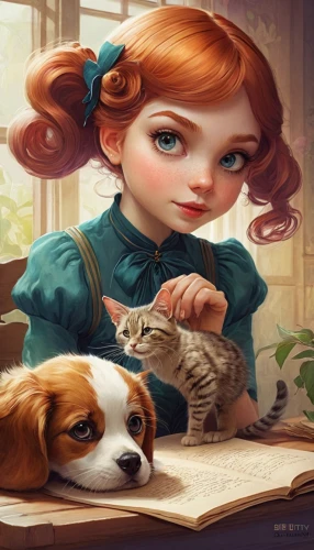 girl with dog,merida,calico cat,little girl reading,red tabby,veterinary,kids illustration,fantasy portrait,pet,girl studying,child with a book,calico,dog illustration,pet portrait,librarian,ginger cat,veterinarian,fairy tale character,children's fairy tale,sci fiction illustration,Illustration,Realistic Fantasy,Realistic Fantasy 15