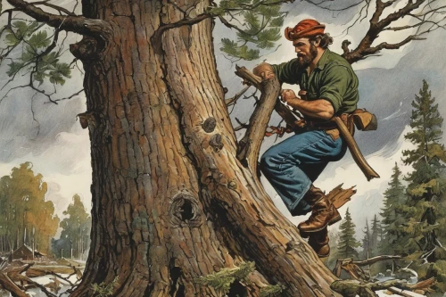 woodsman,lumberjack,forest workers,arborist,tree pruning,farmer in the woods,lodgepole pine,jack pine,lumberjack pattern,hunting scene,hokka tree,sitka spruce,shortleaf black spruce,treeing feist,logging,colorado spruce,woodworker,forest man,shortstraw pine,mountaineer,Illustration,Retro,Retro 06