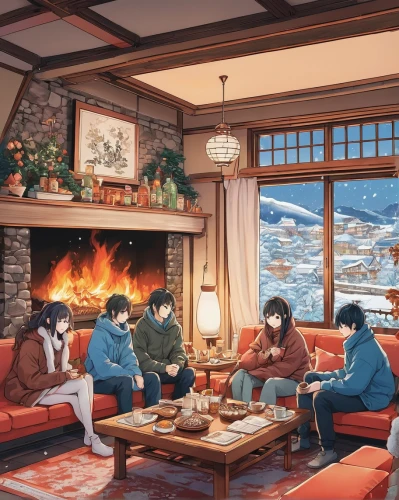 warm and cozy,winter festival,winter house,warmth,snow scene,winter trip,winter dream,winter village,christmas scene,fireside,christmas family,winter background,cozy,log fire,opening presents,in the winter,new year snow,korean village snow,christmas circle,infinite snow,Illustration,Japanese style,Japanese Style 04