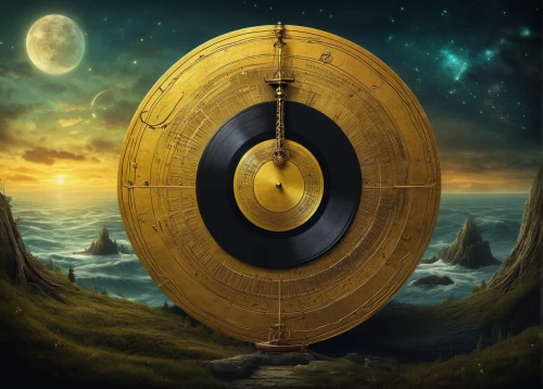 golden record,voyager golden record,play escape game live and win,life stage icon,magnetic compass,time spiral,golden ring,golden apple,saturnrings,geocentric,stargate,gong,golden scale,clockmaker,dharma wheel,compass,mobile sundial,cryptocoin,wooden wheel,hygrometer,Illustration,Abstract Fantasy,Abstract Fantasy 01