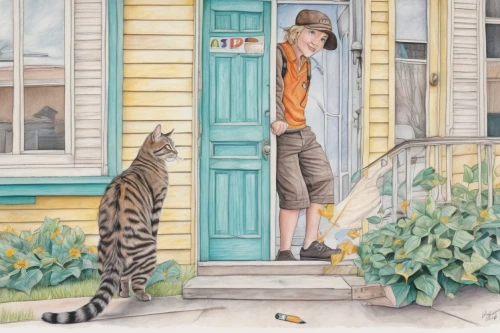street cat,two cats,kids illustration,ritriver and the cat,color pencil,stray cat,boy and dog,cat lovers,rescue alley,cat,tigers,pencil color,studio ghibli,autumn chores,pet portrait,home door,pet,neighborhood,neighbors,dad and son outside,Conceptual Art,Daily,Daily 17