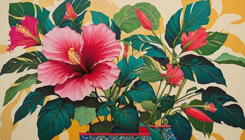 flower painting,hibiscus and leaves,tropical flowers,floral composition,tropical bloom,hibiscus flowers,hawaiian hibiscus,hibiscus,khokhloma painting,hibiscus-double,flowers png,mandevilla,flower and bird illustration,chinese hibiscus,frangipani,flower illustration,vintage botanical,hibiscus rosasinensis,cuba flower,camellias,Illustration,Abstract Fantasy,Abstract Fantasy 08