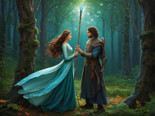 fantasy picture,a fairy tale,fairy tale,romantic scene,fairytale,fantasy art,elven forest,fairy tales,romantic portrait,courtship,fairytales,sword fighting,quarterstaff,accolade,adam and eve,serenade,fairytale characters,celtic woman,forest of dreams,bow and arrows,Illustration,Paper based,Paper Based 28