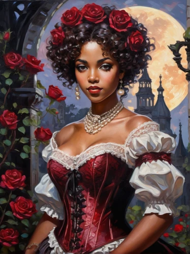 queen of hearts,rosa ' amber cover,fantasy portrait,romantic portrait,victorian lady,red rose,rosa,african american woman,red roses,gothic portrait,la catrina,tiana,fantasy art,way of the roses,rosebushes,romantic rose,rosa 'the fairy,rosa bonita,scent of roses,historic rose,Conceptual Art,Oil color,Oil Color 10
