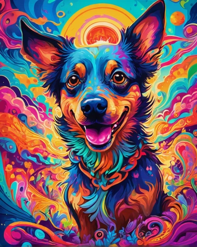 psychedelic art,color dogs,psychedelic,vibrant,colorful background,cheerful dog,corgi-chihuahua,corgi,chihuahua,dog illustration,corgis,vibrant color,lsd,full of color,indian dog,welschcorgi,swirl,collie,disc dog,chakra,Conceptual Art,Oil color,Oil Color 23