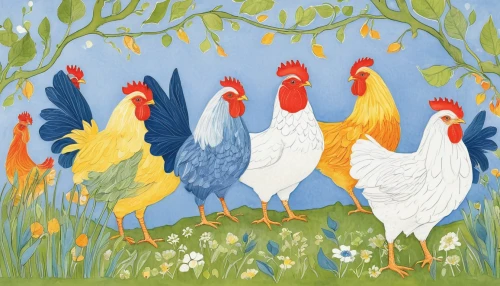 flock of chickens,chickens,winter chickens,chicken yard,portrait of a hen,hen,poultry,hens,rooster,group of birds,laying hens,garden birds,bird painting,cockerel,backyard chickens,landfowl,chicken farm,flower and bird illustration,pullet,vintage rooster,Illustration,Retro,Retro 23