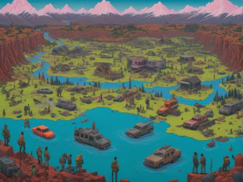 swampy landscape,post-apocalyptic landscape,moc chau hill,campsite,campground,floating islands,acid lake,river pines,cartoon forest,factories,terraforming,game illustration,fire land,mountain world,northrend,archipelago,outskirts,artificial islands,mining site,druid grove,Conceptual Art,Daily,Daily 29