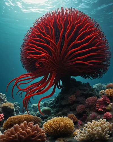 sea anemone,red anemone,red anemones,red crinoid,deep coral,sea life underwater,sea animals,anemone of the seas,large anemone,coral guardian,sea anemones,anemonefish,anemone fish,marine invertebrates,coral reefs,ray anemone,cnidaria,coral reef,balkan anemone,tube anemone,Illustration,Abstract Fantasy,Abstract Fantasy 22