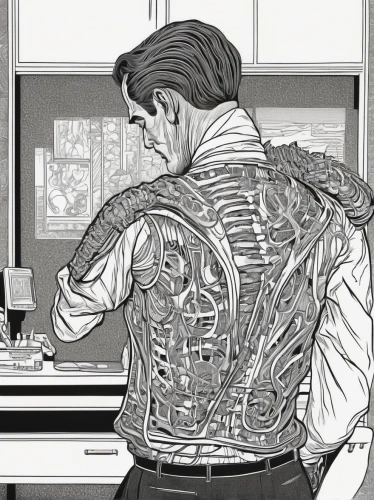 office line art,back pain,man with a computer,connective back,jean jacket,white-collar worker,the laser cuts,my back,shoulder pain,embroider,bolero jacket,computer tomography,jacket,hardware programmer,wearables,wireframe graphics,sci fiction illustration,embroidery,transparent material,wireframe,Illustration,Black and White,Black and White 19