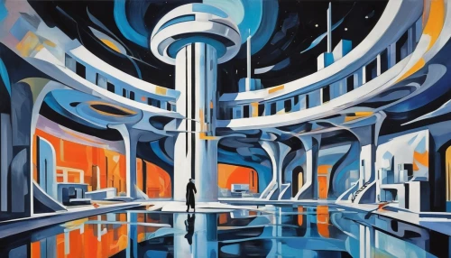 metropolis,art deco,space needle,city in flames,cityscape,futuristic landscape,city scape,vancouver,art deco background,panoramical,capital cities,abstract painting,city cities,abstract artwork,city lights,sky city,cities,city skyline,citylights,fantasy city,Conceptual Art,Oil color,Oil Color 24