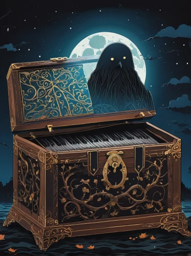 music chest,treasure chest,lyre box,music box,musical box,halloween illustration,the piano,piano,coffin,barrel organ,vanitas,card box,nightstand,harpsichord,casket,coffins,player piano,halloween icons,cimbalom,dark cabinetry,Illustration,Japanese style,Japanese Style 20
