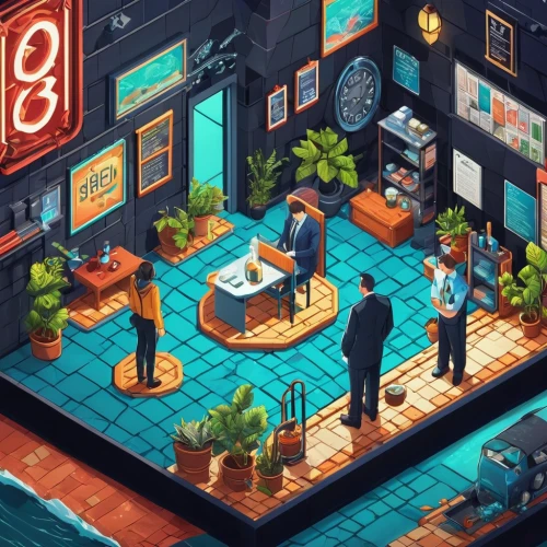 game illustration,isometric,barber shop,modern office,a restaurant,an apartment,restaurants,apartment,the coffee shop,principal market,convenience store,coffee shop,aqua studio,offices,barbershop,arcade,marketplace,retro diner,business district,shared apartment,Unique,3D,Isometric