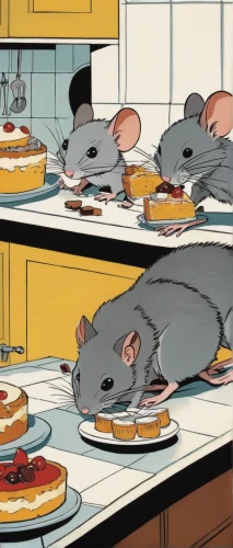 ratatouille,rats,rodents,many teat mice,mice,rodentia icons,mousetrap,mouse bacon,baby rats,white footed mice,rat na,vintage mice,anthropomorphized animals,year of the rat,breakfast buffet,appetite,rat,mouse trap,rataplan,mouse,Illustration,American Style,American Style 09