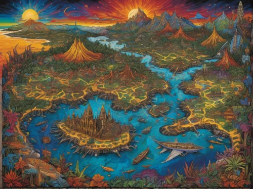 rainbow world map,pachamama,river of life project,fantasy world,acid lake,lagoon,el dorado,utopian,fairy world,continent,fantasia,atlantis,oasis,druid grove,dream world,aurora village,playmat,fantasy landscape,mountain world,fantasy city,Illustration,Realistic Fantasy,Realistic Fantasy 33