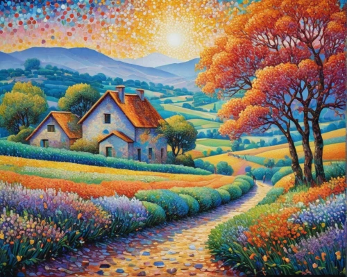 home landscape,purple landscape,rural landscape,autumn landscape,country cottage,cottage,farm landscape,cottages,village scene,summer cottage,aurora village,mountain village,lavender field,lavender fields,landscape,church painting,mushroom landscape,escher village,carol colman,tommie crocus,Conceptual Art,Daily,Daily 31