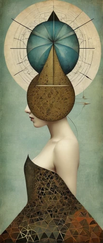 art deco woman,equilibrist,the hat of the woman,woman thinking,surrealism,woman holding pie,pear cognition,equilibrium,decorative figure,surrealistic,dali,woman's hat,geometric body,meridians,sacred geometry,conical hat,dualism,the vessel,head woman,shamanism,Illustration,Realistic Fantasy,Realistic Fantasy 35