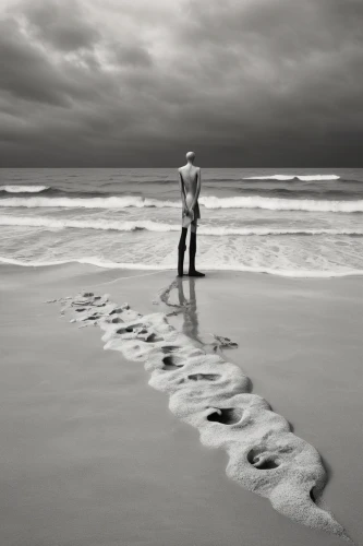 conceptual photography,man at the sea,footprints in the sand,monochrome photography,photo manipulation,traces,footprints,loneliness,the shallow sea,walk on the beach,ebb,to be alone,leave behind,solitude,surrealism,wading,photomanipulation,footsteps,andreas cross,art photography,Illustration,Black and White,Black and White 25