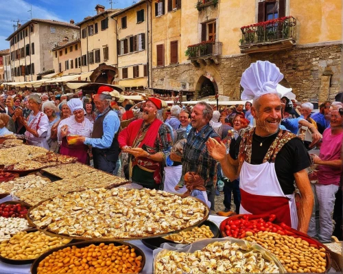 sicilian cuisine,amaretti di saronno,paella,village festival,medieval market,piazza di spagna,italian nuts,piemonte,colomba di pasqua,carciofi alla giudia,harvest festival,vendors,torri di fraele,easter festival,grana padano,marroni,ciambella,pecorino sardo,capicola,apulia,Illustration,American Style,American Style 02