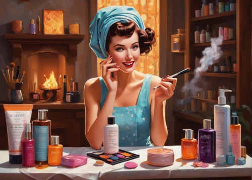 women's cosmetics,cosmetics,cosmetics counter,oil cosmetic,vintage makeup,beauty salon,retro pin up girl,retro women,beauty treatment,retro woman,laundress,retro pin up girls,beauty products,manicure,50's style,pin up girl,pin ups,nail care,vintage woman,personal care,Conceptual Art,Oil color,Oil Color 09