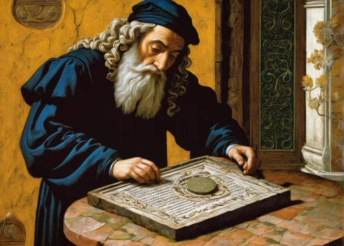 kippah,reading magnifying glass,meticulous painting,leonardo devinci,geocentric,christopher columbus's ashes,fortune teller,holbein,man with a computer,watchmaker,rabbi,torah,pesach,ball fortune tellers,archimedes,scholar,fortune telling,italian painter,parchment,magnifying glass,Art,Classical Oil Painting,Classical Oil Painting 43