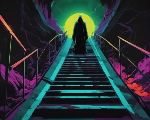 neon ghosts,chasm,descent,would a background,neon arrows,halloween wallpaper,ascending,heavenly ladder,stairway to heaven,halloween background,heaven gate,hollow way,wall,jacob's ladder,the mystical path,acid lake,uv,witch house,stairway,digital illustration,Conceptual Art,Daily,Daily 24