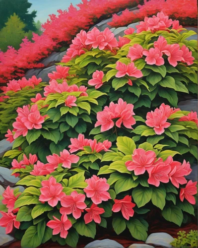 azalea coral bells,begonias,azaleas,pink begonias,rhododendrons,flower painting,rhododendron,watermelon painting,pink azaleas,geraniums,hibiscus and leaves,hydrangeas,flowering shrubs,impatiens,coral bush,pacific rhododendron,foliage coloring,flowering plants,ornamental shrubs,flower bed,Art,Classical Oil Painting,Classical Oil Painting 30