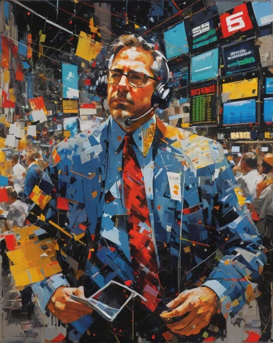 stock broker,abstract corporate,stock market,stock trader,stock exchange broker,man with a computer,wall street,nyse,trading floor,stock exchange,financial world,old trading stock market,stock markets,large market,securities,oil painting on canvas,markets,analyze,white-collar worker,stock trading,Conceptual Art,Oil color,Oil Color 07