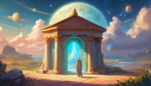 druid stone,fantasy landscape,artemis temple,mausoleum ruins,ancient city,the mystical path,the ancient world,portal,the pillar of light,fantasy picture,ancient,place of pilgrimage,backgrounds,the ruins of the,stargate,heaven gate,archway,astral traveler,gateway,cg artwork,Illustration,Realistic Fantasy,Realistic Fantasy 01