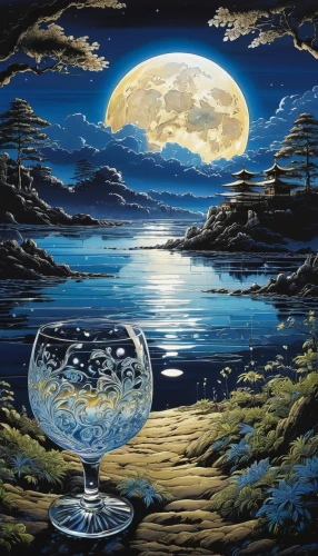 lunar landscape,blue moon,waterglobe,glass painting,phase of the moon,moon phase,moonscape,water glass,crystal ball,wineglass,moon seeing ice,moonshine,crystal glass,agua de valencia,water reflection,moonlit night,parallel worlds,blue moon rose,glass signs of the zodiac,reflections in water,Illustration,Japanese style,Japanese Style 05