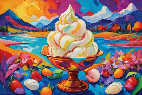 baked alaska,mandarin sundae,sundae,woman with ice-cream,neon ice cream,oil painting on canvas,painting easter egg,meringue,tutti frutti,soft serve ice creams,halo-halo,oil on canvas,pavlova,fruit ice cream,sundaes,gelato,candy cauldron,oil painting,vanilla ice cream,foot in dessert,Conceptual Art,Oil color,Oil Color 25